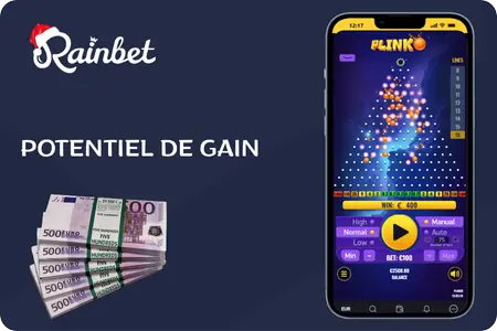 Écran du potentiel stratégique de Rainbet Plinko affichant une manche active, les multiplicateurs et le gain affiché