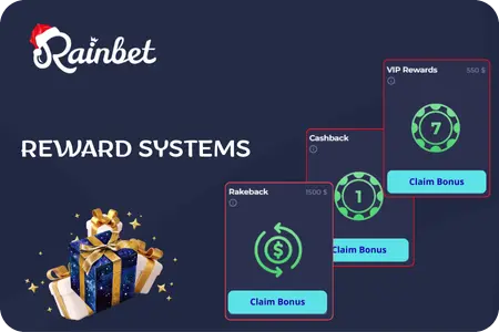 Rainbet sign up bonus systems screen showing cashback, rakeback, and VIP rewards with claim bonus buttons