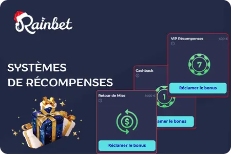 Écran des systèmes de bonus Rainbet affichant le cashback, le rakeback et les récompenses VIP avec des boutons pour réclamer les bonus