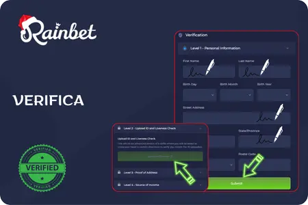 Schermata di verifica dell’account Rainbet che mostra i dati personali, i campi per il caricamento dei documenti e lo stato della verifica