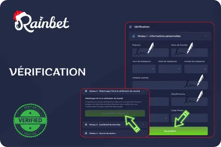 Écran de vérification du compte Rainbet affichant les informations personnelles, le téléchargement de documents et le statut de vérification