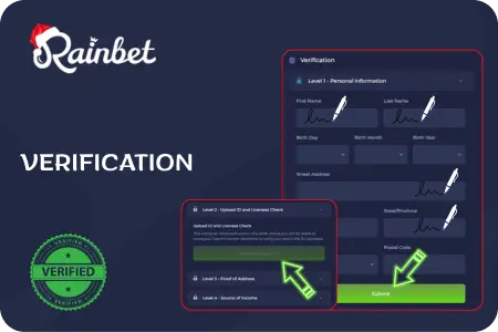 Rainbet account verification screen showing personal information, document upload fields, and verification status