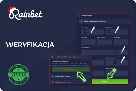 Ekran weryfikacji konta Rainbet pokazujący dane osobowe, pola do przesyłania dokumentów oraz status weryfikacji 