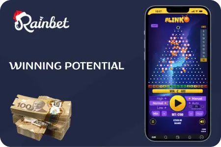 Plinko Rainbet strategy potential screen showing active game round, multipliers, and displayed win amount