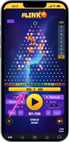 Visualizzazione della vincita Plinko aggiunta al saldo dopo il round