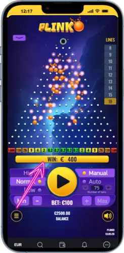 Plinko win result displayed at the bottom of the screen after drop