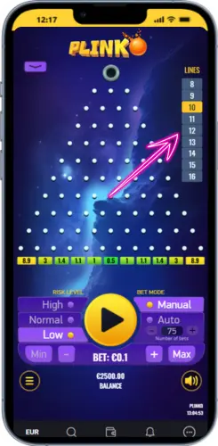 Plinko board with line selection panel on the right side