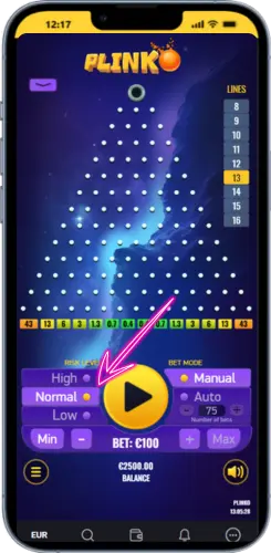 Scelta del livello di rischio Low Normal o High in Plinko