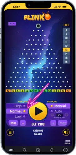 Plinko risk level selection showing low, normal, and high options