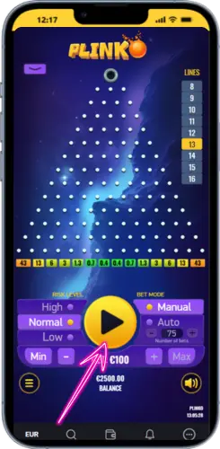 Spadanie kulki na planszy Plinko podczas aktywnej rundy