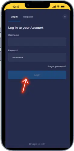 Schermata di accesso Rainbet con i campi nome utente e password