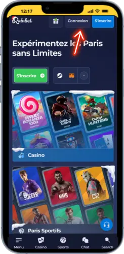 Page d’accueil Rainbet avec le bouton Login visible en haut à droite