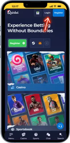 Homepage Rainbet con il pulsante Accedi visibile in alto a destra