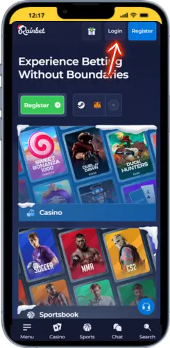 Rainbet homepage with Login buttons highlighted on mobile