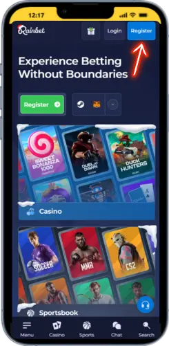 Homepage di Rainbet con il pulsante verde “Registrati” evidenziato