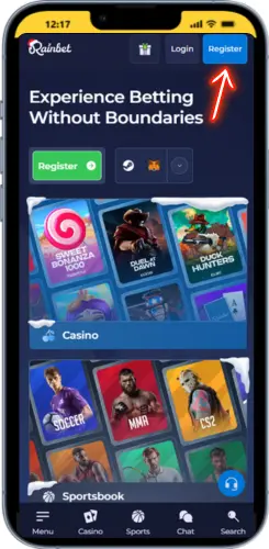 Rainbet homepage with the green Register button highlighted