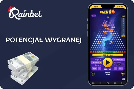 Ekran potencjału strategii Plinko na Rainbet pokazujący aktywną rundę gry, mnożniki oraz wyświetloną kwotę wygranej