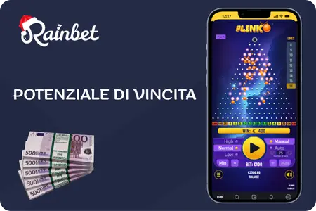 Schermata del potenziale di strategia di Rainbet Plinko che mostra una manche attiva, i moltiplicatori e l’importo della vincita visualizzata.