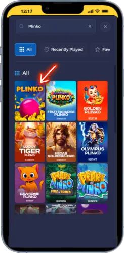 Wyszukiwanie gry Plinko w menu gier Rainbet