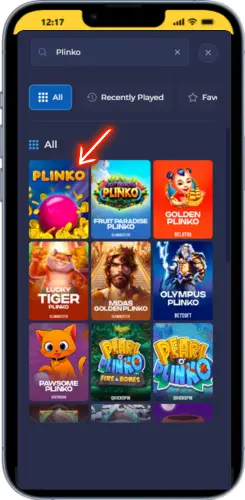 Plinko game found through search menu on Rainbet mobile interface