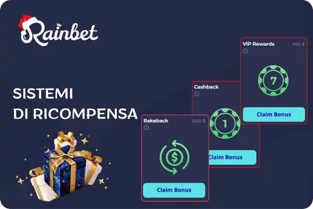 Schermata dei sistemi bonus di iscrizione Rainbet bonus benvenuto che mostra cashback, rakeback e ricompense VIP con pulsanti per richiedere il bonus.