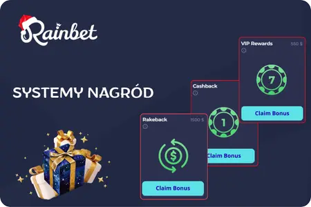 Ekran systemów bonusowych Rainbet pokazujący cashback, rakeback oraz nagrody VIP z przyciskami odbioru bonusu